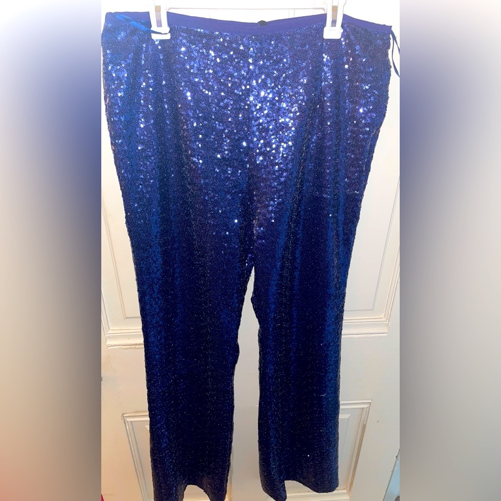 PLT Navy Sequin Flare Leg Pants